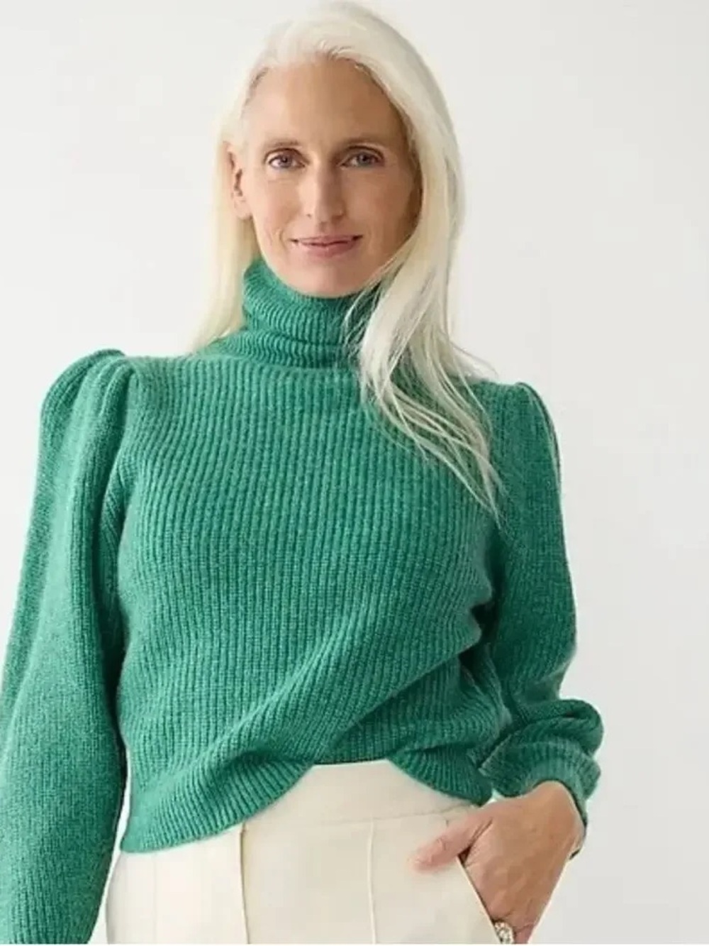 J.Crew Green Cropped Puff Sleeve Turtleneck Alpaca Wool Knit Sweater Cozy Size S